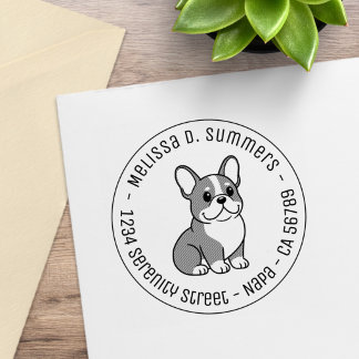 Cute French Bulldog Custom Round Address Rubber Stamp