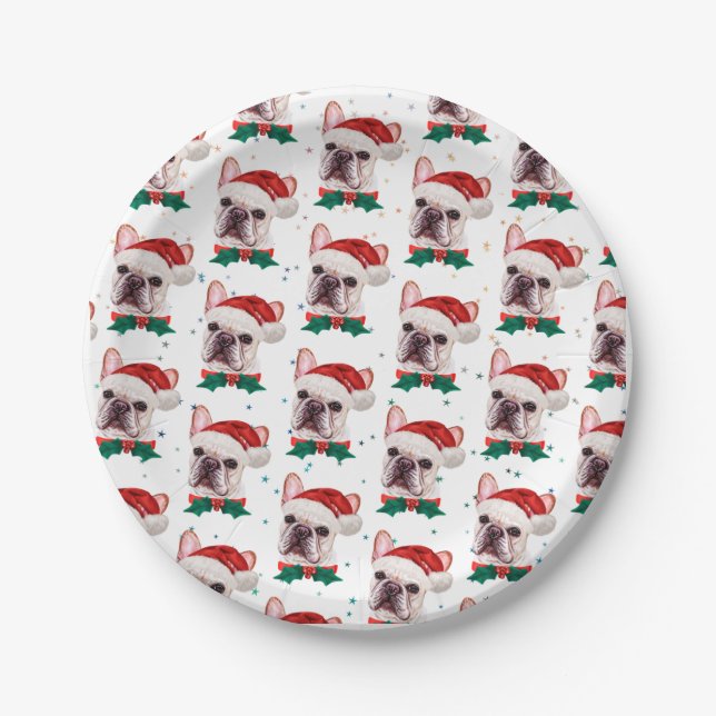 Cute French Bulldog Dog Christmas Pattern Paper Plate (Front)