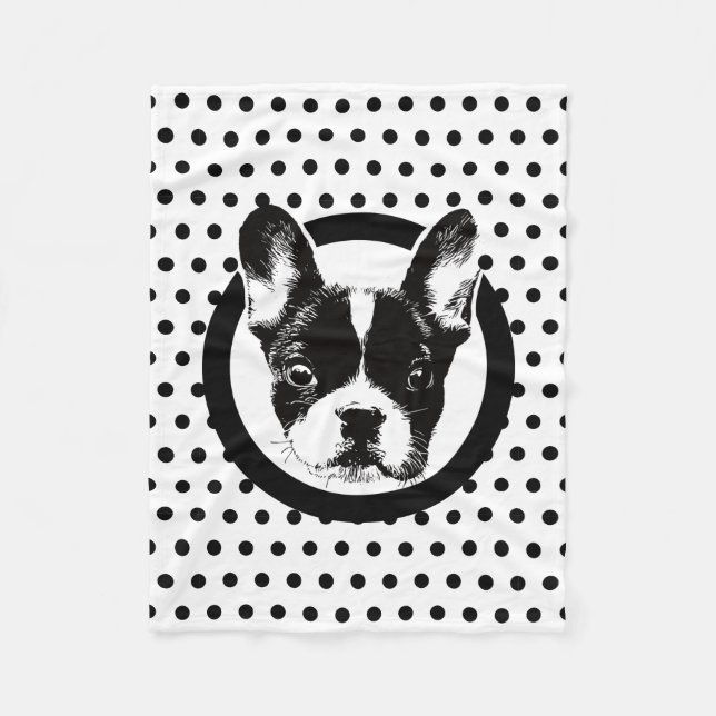 Cute French Bulldog Dog Face Polka Dots Fleece Blanket (Front)