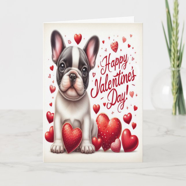 Cute French Bulldog Dog Happy Valentine's Day Holiday Card (Front)