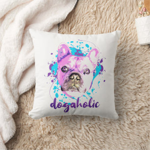Cute French Bulldog Face Pink Blue Dogaholic Cushion