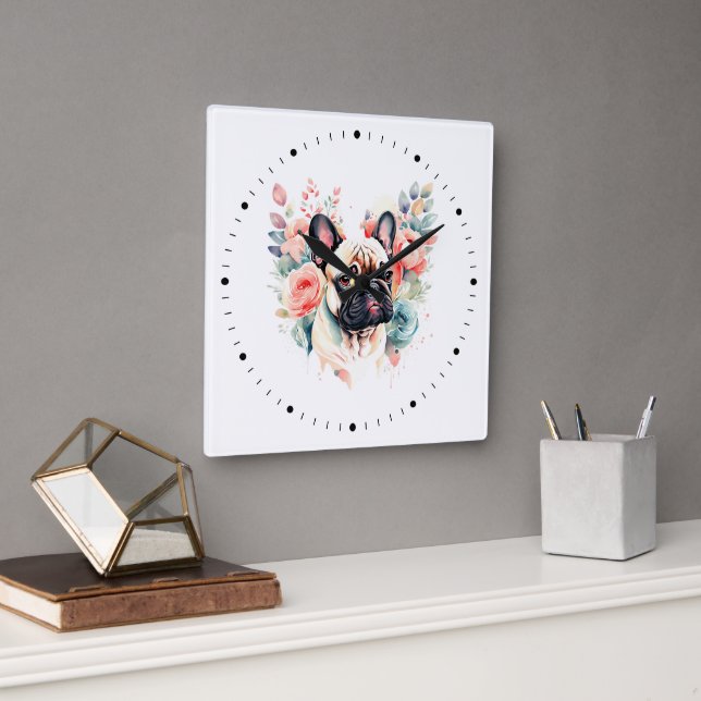 Cute French Bulldog Flowers Square Wall Clock (Office)