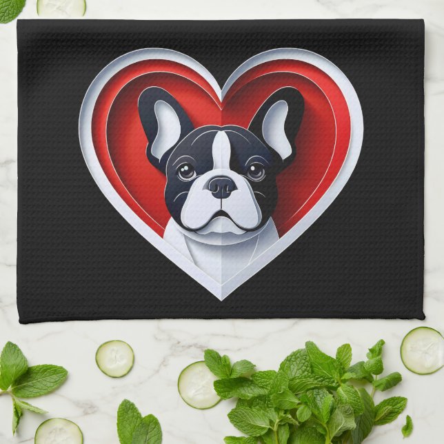 Cute French Bulldog Frenchie in Red Heart Tea Towel (Folded)