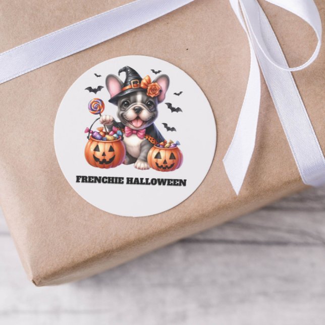 Cute French Bulldog Halloween Candy Witch Classic Round Sticker (Creator Uploaded)