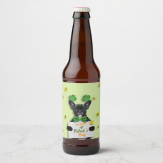 Cute French Bulldog Happy St. Patrick’s Day Clover Beer Bottle Label