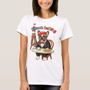 Cute French Bulldog Paris Cafe Beret T-Shirt