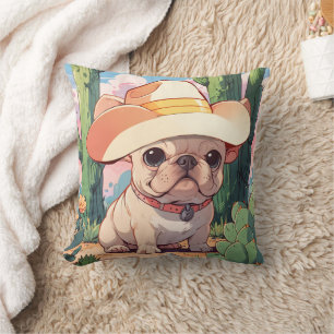 Cute French Bulldog pastel cowboy Cushion