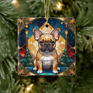 Cute French Bulldog Pastel Stained Glass Christmas Ceramic Ornament