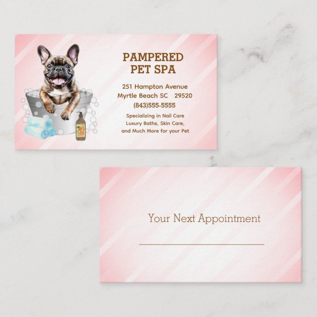 Cute French Bulldog Pet Groomer Spa Appointment Business Card (Front/Back)