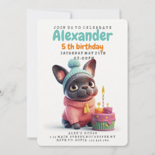 Cute French bulldog, pink dress, birthday cake Invitation
