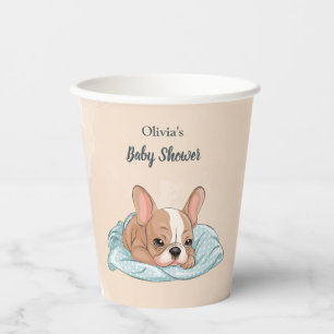 Cute French Bulldog Pup Blue Blanket Baby Shower Paper Cups