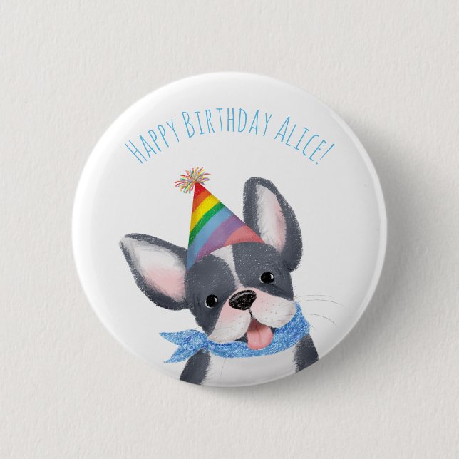 Cute French bulldog puppy birthday badge (Front)