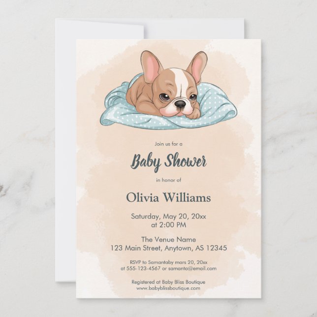 Cute French Bulldog Puppy Blue Blanket Baby Shower Invitation (Front)