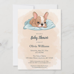 Cute French Bulldog Puppy Blue Blanket Baby Shower Invitation