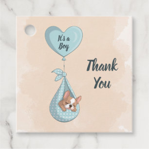 Cute French Bulldog Puppy Blue Heart Baby Shower Favour Tags