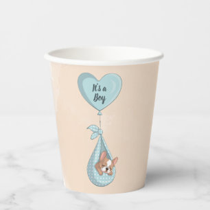 Cute French Bulldog Puppy Blue Heart Baby Shower Paper Cups
