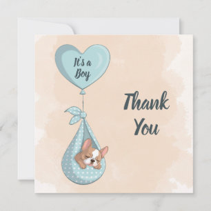 Cute French Bulldog Puppy Blue Heart Baby Shower Thank You Card