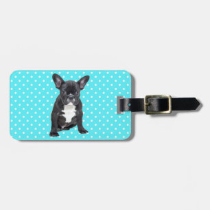 Cute French Bulldog Puppy Blue Polka Dots Luggage Tag