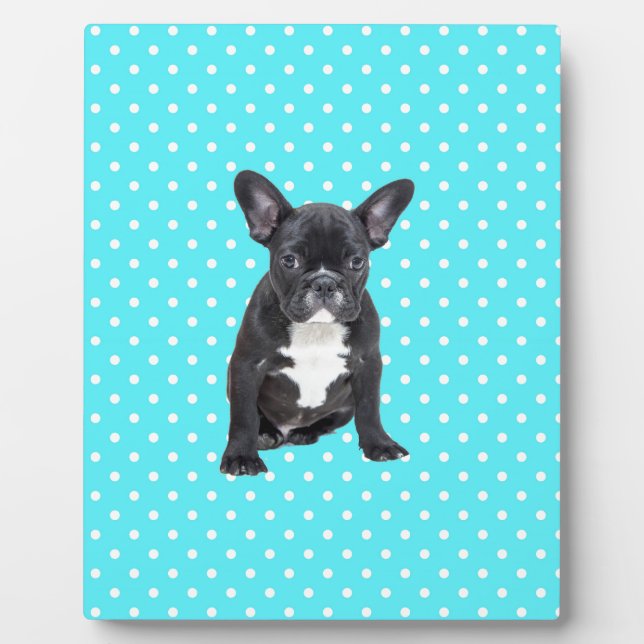 Cute French Bulldog Puppy Blue Polka Dots Plaque (Front)