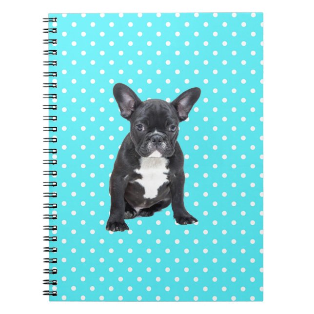 Cute French Bulldog Puppy Blue Polka Dots Spiral Notebook (Front)