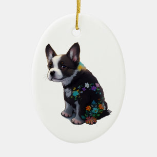 Cute French Bulldog Puppy Flowers Ceramic Tree Decoration