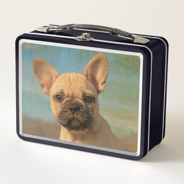 Cute French Bulldog Puppy - Funny Dog Head Photo - Metal Lunch Box (Front)