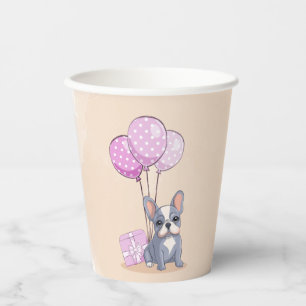 Cute French Bulldog Puppy Pink Balloon Baby Shower Paper Cups