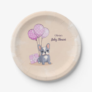 Cute French Bulldog Puppy Pink Balloon Baby Shower Paper Plate
