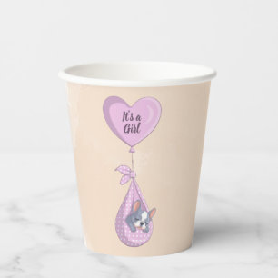 Cute French Bulldog Puppy Pink Heart Baby Shower Paper Cups