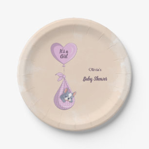 Cute French Bulldog Puppy Pink Heart Baby Shower Paper Plate