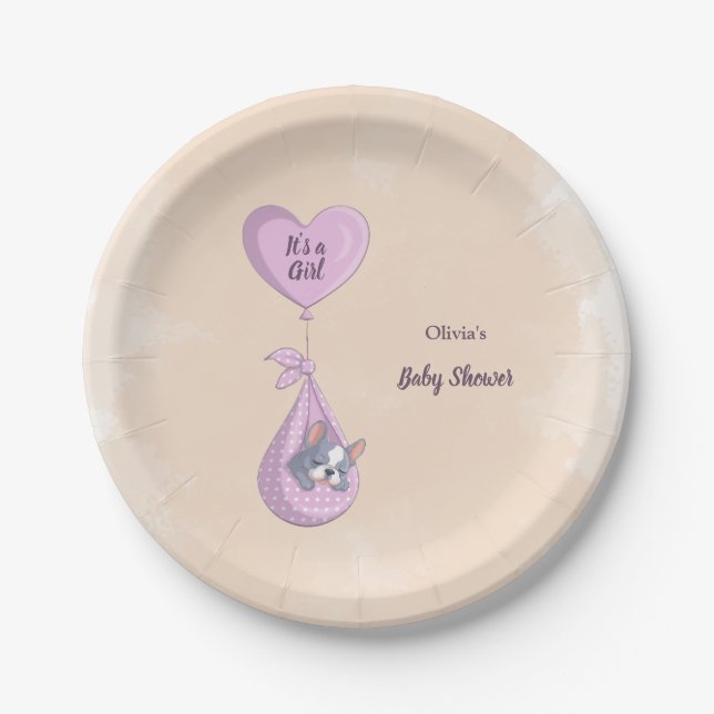 Cute French Bulldog Puppy Pink Heart Baby Shower Paper Plate (Front)