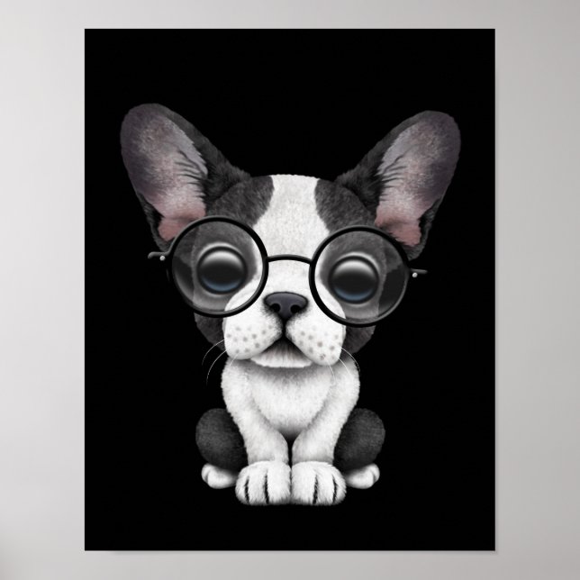 Cute French Bulldog Puppy with Glasses, black Poster (Front)
