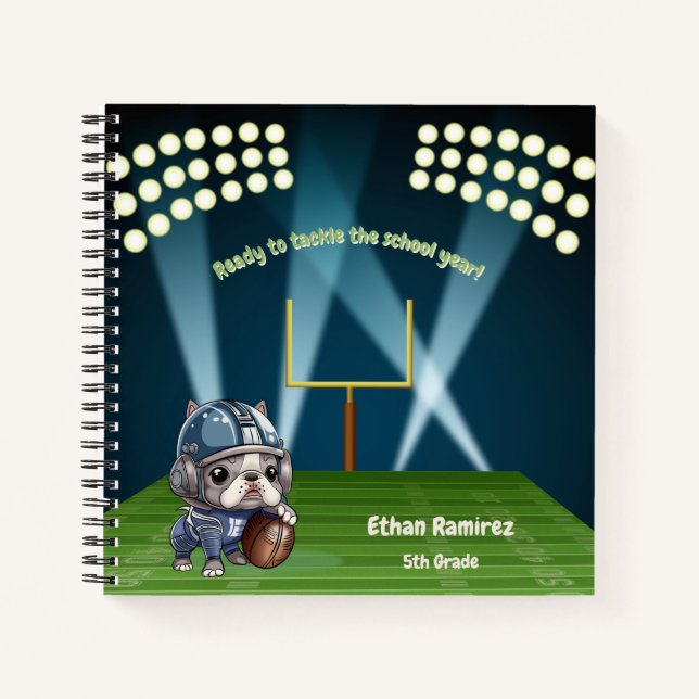 Cute French bulldog quarterback stadium cartoon Notebook (Front)