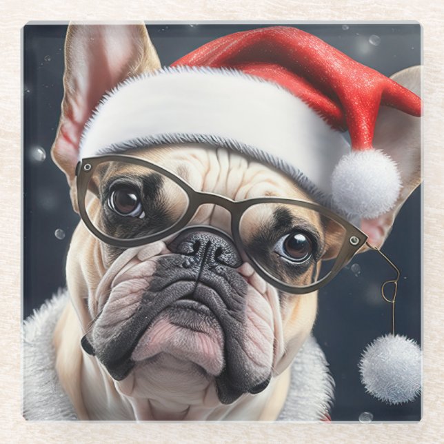 Cute French Bulldog Santa Christmas Holiday Design Glass Coaster (Front)