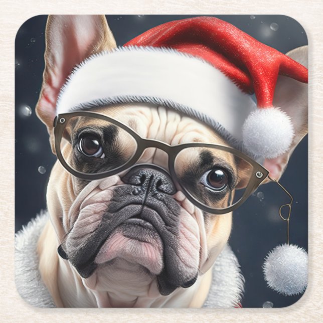 Cute French Bulldog Santa Christmas Holiday Design Square Paper Coaster (Front)