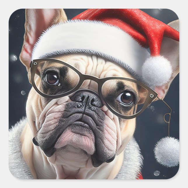 Cute French Bulldog Santa Christmas Holiday Design Square Sticker (Front)