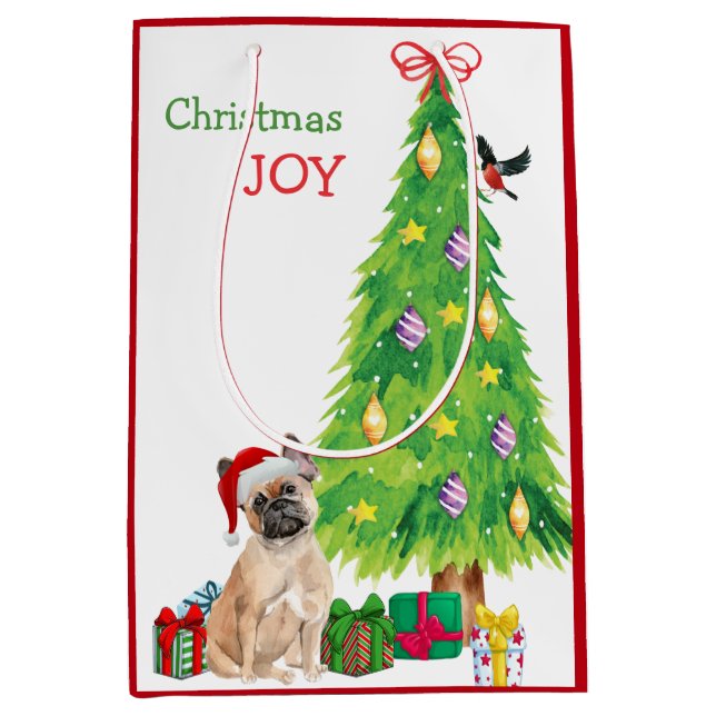 Cute French Bulldog Santa Hat and Christmas Tree Medium Gift Bag (Front)