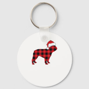 Cute French Bulldog Santa Hat Christmas Red Plaid Key Ring