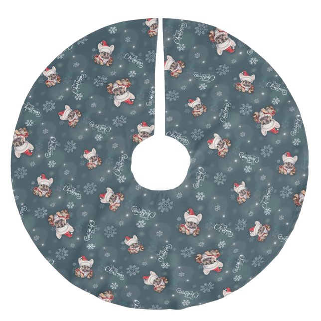 Cute French Bulldog Santa Hat Merry Christmas Brushed Polyester Tree Skirt (Front)