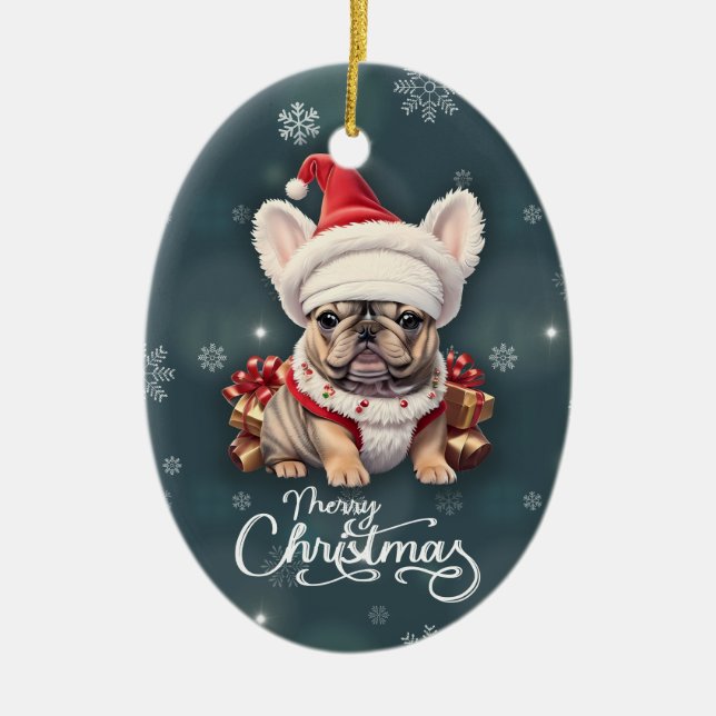 Cute French Bulldog Santa Hat Merry Christmas Ceramic Tree Decoration (Front)