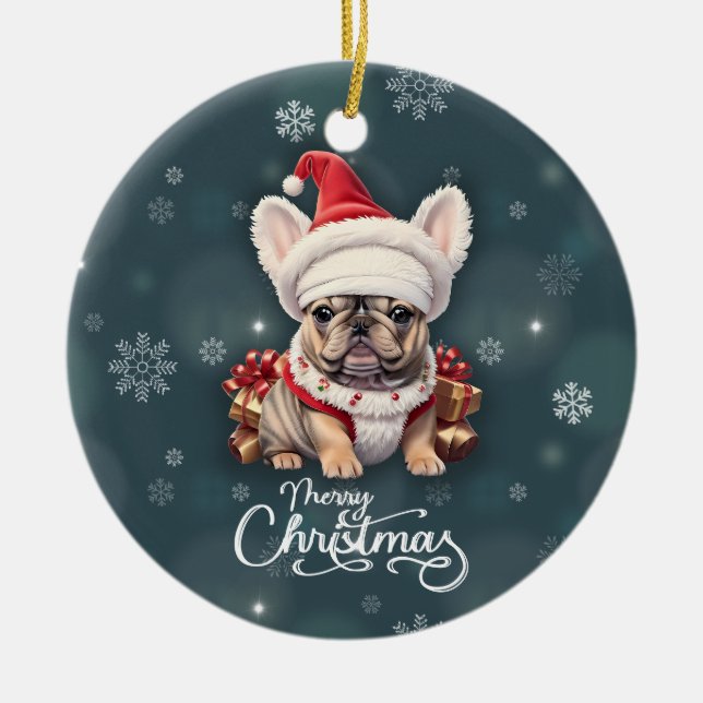 Cute French Bulldog Santa Hat Merry Christmas Ceramic Tree Decoration (Front)