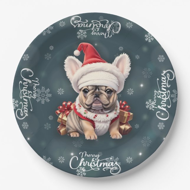 Cute French Bulldog Santa Hat Merry Christmas Paper Plate (Front)