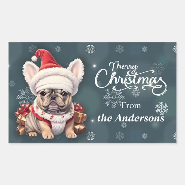 Cute French Bulldog Santa Hat Merry Christmas Rectangular Sticker (Front)