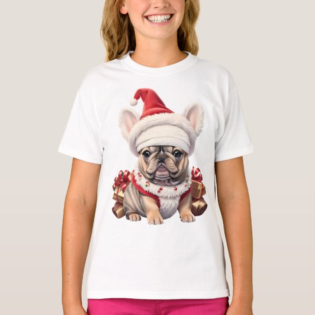 Cute French Bulldog Santa Hat Merry Christmas T-Shirt (Front)