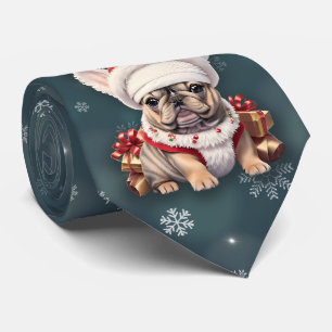 Cute French Bulldog Santa Hat Merry Christmas Tie