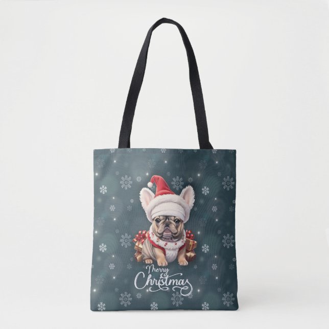Cute French Bulldog Santa Hat Merry Christmas Tote Bag (Front)