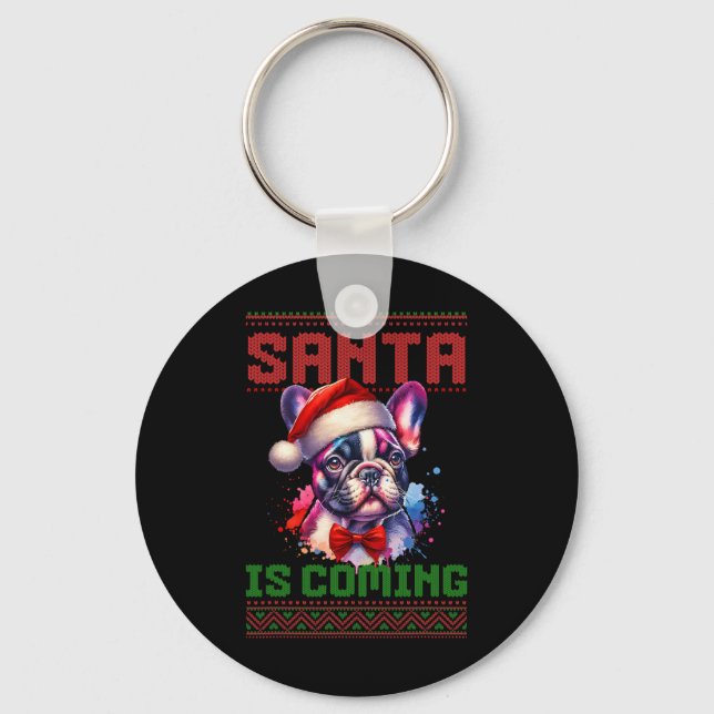 Cute French Bulldog Santa Hat Ugly Christmas Holid Key Ring (Front)