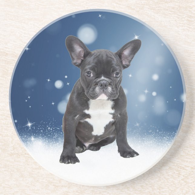 Cute French Bulldog Snow Stars Blue Christmas Coaster (Front)
