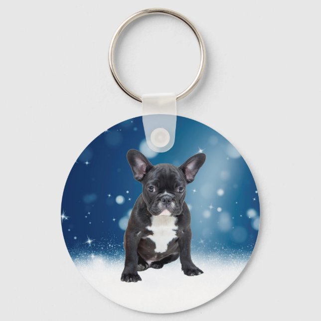 Cute French Bulldog Snow Stars Blue Christmas Key Ring (Front)