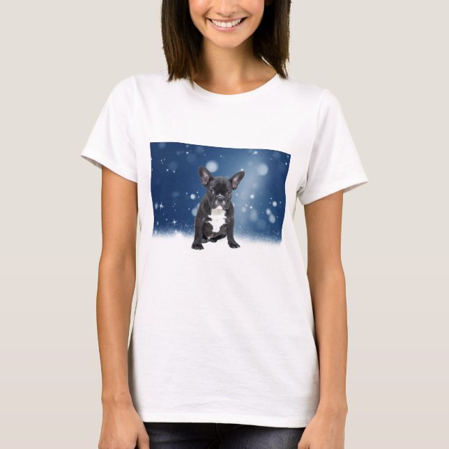 Cute French Bulldog Snow Stars Blue Christmas T-Shirt (Front)